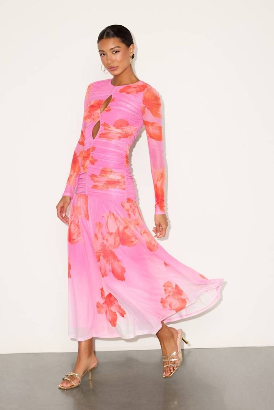 New Lulus Alexius Pink Floral Mesh Cutout Maxi Dress Size Medium MSRP $88